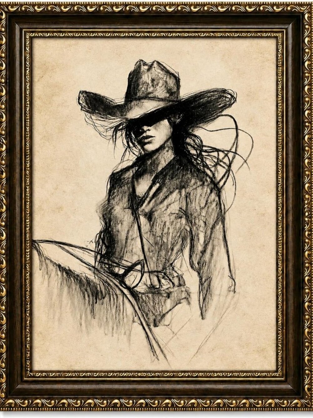 Vintage Gold Framed Western Wall Art - Cowgirl Sketch Decor for Rustic Home